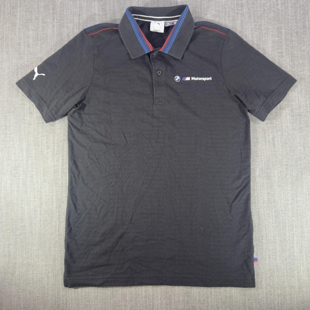 Puma BMW Motorsport Polo Shirt Mens Small Gray Racing Striped Logo Performance